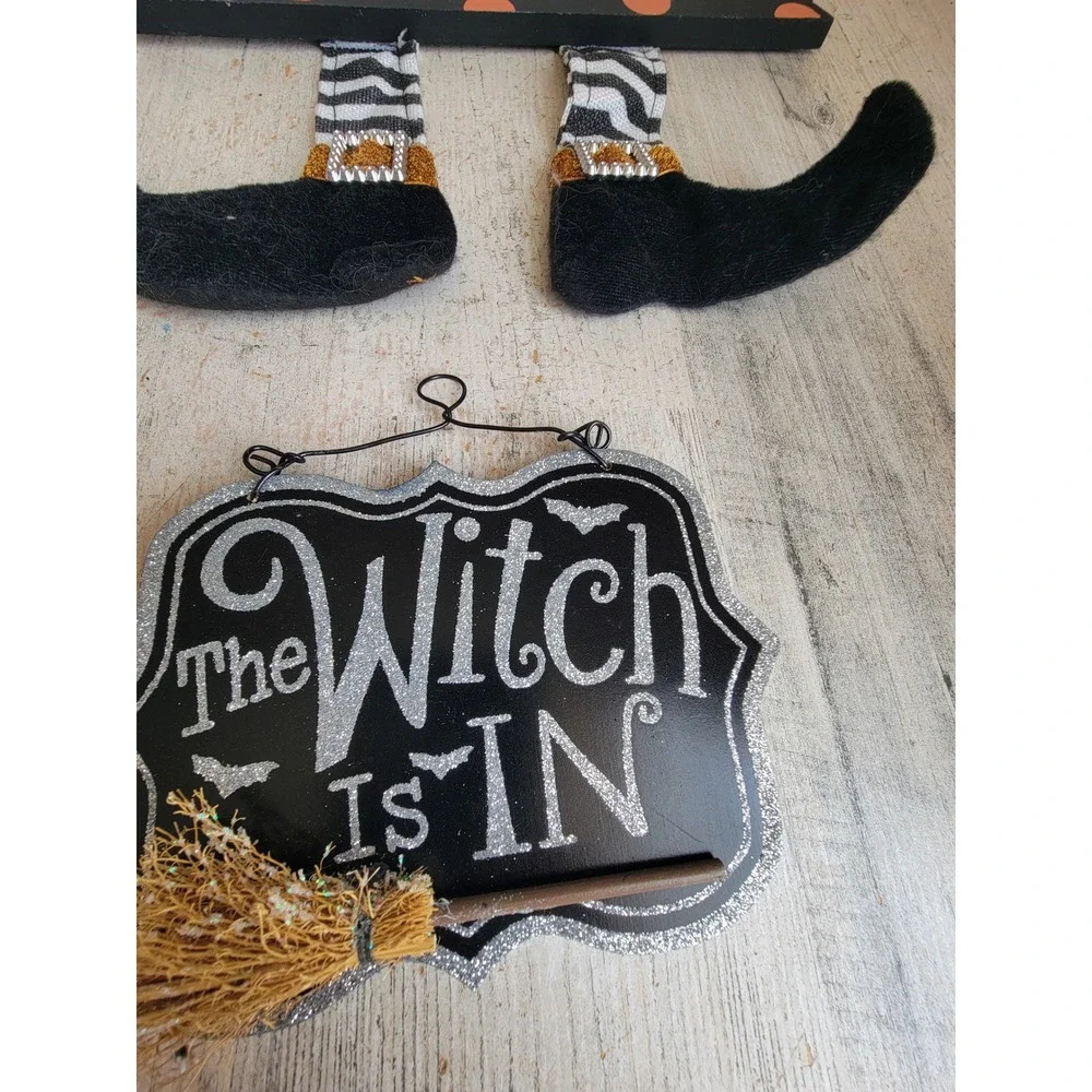 Halloween witch is in feet sign set glitter Unique broom Home decor